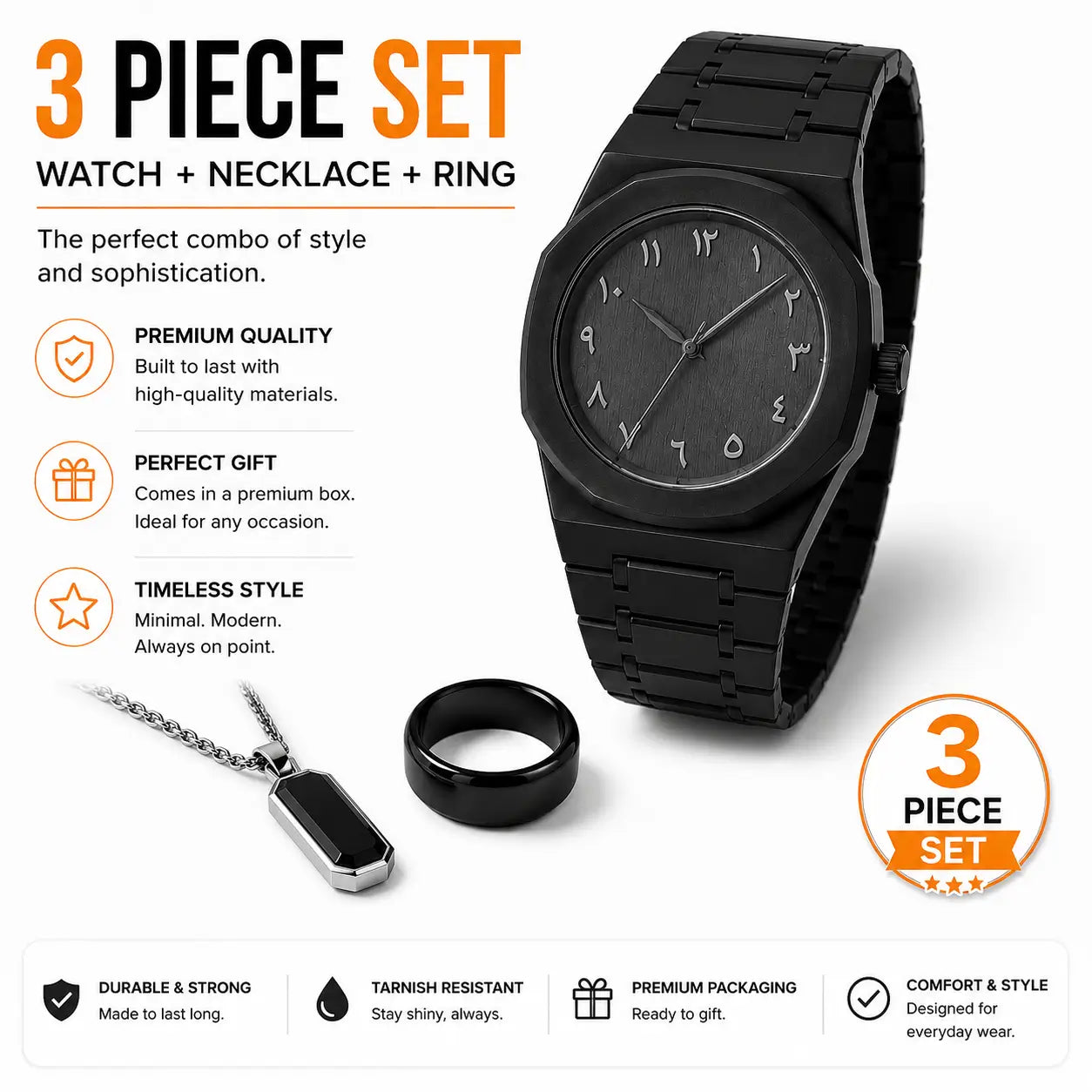 PACK OF 3 ( ARABIC AURA WATCH + CHAIN + RING )