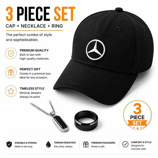 Pack of 3 Deal (Mercedes Cap + Stainless Chain + Black Ring)